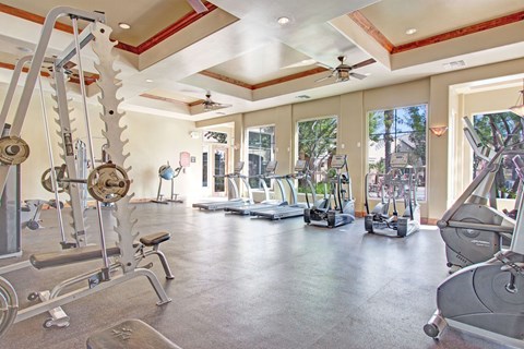 A spacious fitness center here at Rancho Belago featuring cardio machines and strength-training equipment arranged across an open floor plan. Large windows line the walls, allowing natural light to fill the room, while high ceilings with ceiling fans, recessed lighting, and wood-accent details create a bright and motivating workout environment.