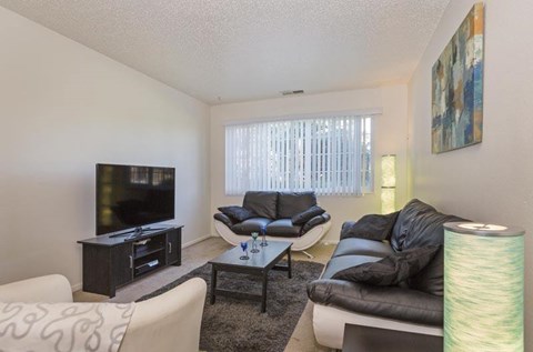 A living room with a black leather couch and a television.