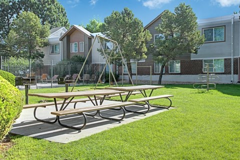 A bright outdoor picnic and play area here at Austin Park featuring wooden picnic tables on a concrete pad, a small playground with swings and climbing equipment, lush green grass, mature trees, and surrounding apartment buildings with neutral siding and brick accents under a clear blue sky.
