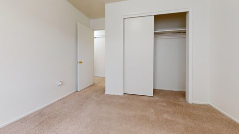 A room with carpeted floor and two white doors.