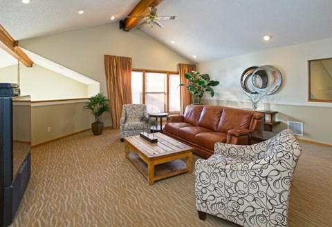 A living room with a brown leather couch and a patterned armchair.