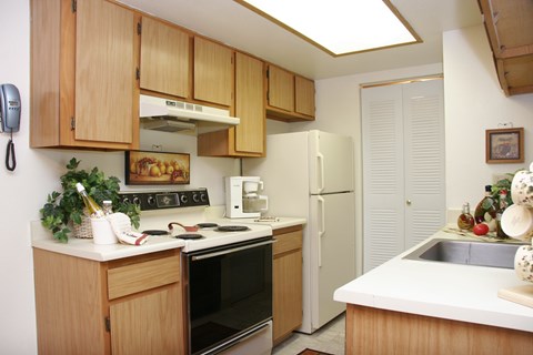 A kitchen with wooden cabinets and a white fridge.