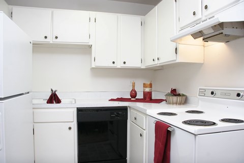 A white kitchen with a black oven and a red towel.