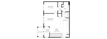 A floor plan of a house with a living room, dining room, kitchen, bathroom, bedroom and balcony.