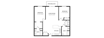 A black and white image of a floor plan for a two bedroom apartment.