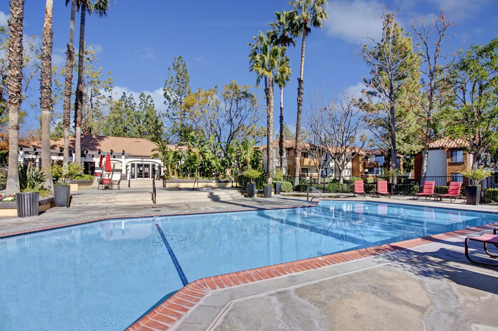 Castlepark Outdoor Pool Sunny outdoor pool area here at Castlepark Apartment Homes with clear blue water, surrounded by tall palm trees and red lounge chairs. Buildings in the background with a relaxed vibe.