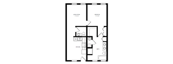 A black and white image of a floor plan for a small apartment.