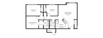 A floor plan of a house with a master bedroom, two additional bedrooms, a living room/dining room, a kitchen, and storage.