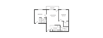 A black and white image of a house floor plan with a living room, two bedrooms, a kitchen, and a balcony.