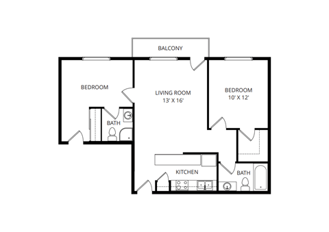 A black and white image of a house floor plan with a living room, two bedrooms, a kitchen, and a balcony.