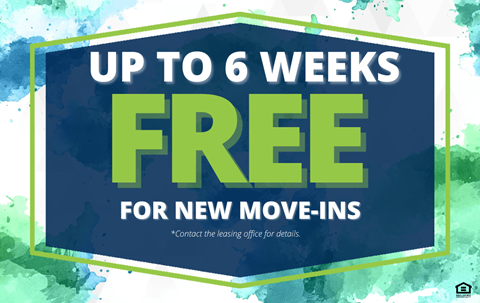 A promotional image offering up to 6 weeks free for new move-ins.