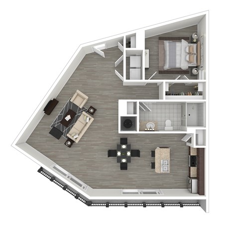 A 3D floor plan of a house with a kitchen, living room, and bathroom.