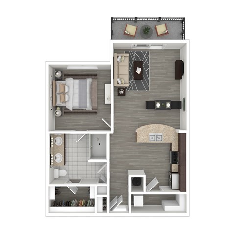 A top-down view of a small apartment with a bedroom, living room, and kitchen.
