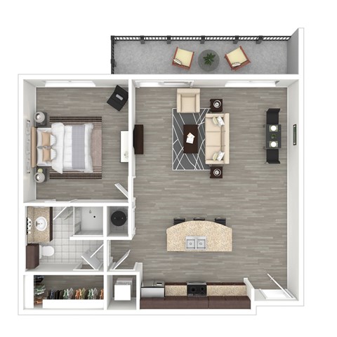 A top-down view of a modern apartment layout with a living room, kitchen, and bedroom.