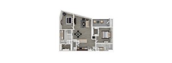 A 3D rendered image of a house layout.