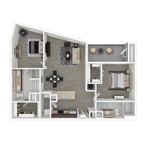 A 3D rendered image of a house layout.