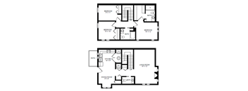 A black and white image of a floor plan for a house with two bedrooms, a living room, a dining room, a kitchen, a bathroom, and a patio.