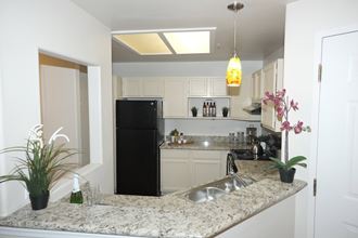 a kitchen with a granite counter top and a black refrigerator