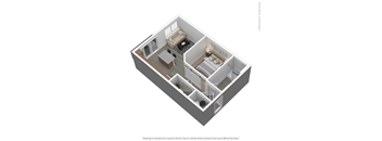 A 3D image of a house layout with a living room, dining room, kitchen, and two bedrooms.