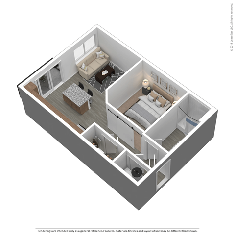 A 3D image of a house layout with a living room, dining room, kitchen, and two bedrooms.