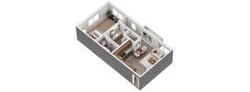 A 3D floor plan of a house with a living room, kitchen, and dining area.