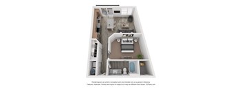 A 3D floor plan of a small apartment with a kitchen, living room, and bathroom.