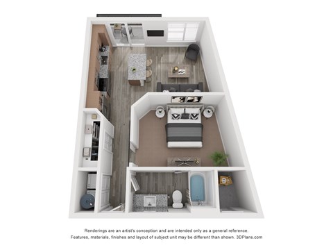 A 3D floor plan of a small apartment with a kitchen, living room, and bathroom.