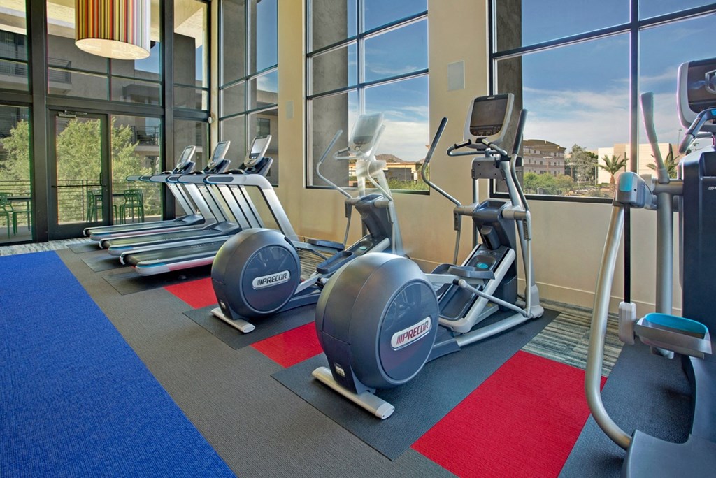 a row of cardio machines in a gym with a view of the city