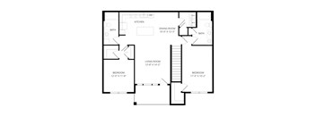 A floor plan of a house with two bedrooms, a living room, a dining room, a kitchen, and two bathrooms.