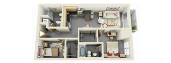 A 3D floor plan of a small apartment with a kitchen, living room, and bathroom.