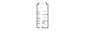 A floor plan of a small apartment with a living room, bedroom, kitchen, and bathroom.