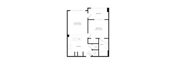 A black and white image of a floor plan for a small apartment.