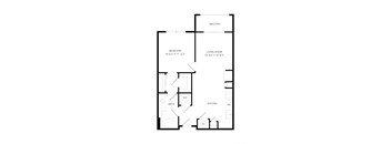 A floor plan of a small apartment with a bedroom, living room, kitchen, bathroom, and a balcony.
