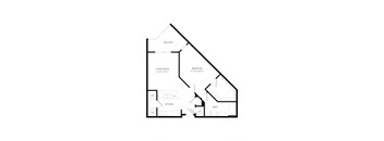 A floor plan of a small apartment with a living room, bedroom, kitchen, and bathroom.