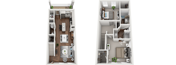 Two images of a small apartment layout with a kitchen, living room, and bedroom.
