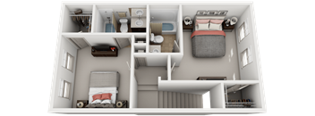 A 3D rendered image of a small apartment layout.