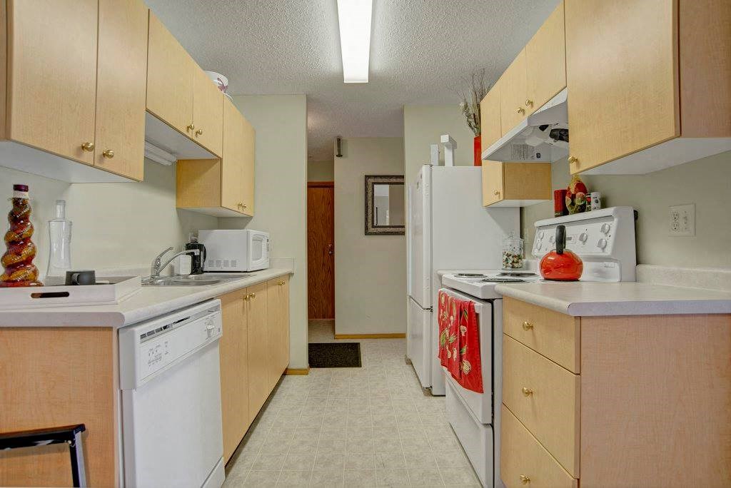 Modern kitchen here at Aspen Terrace Apartment Homes with light wood cabinets, white appliances, and red accents. Brightly lit with a cozy, organized feel. Neutral tones throughout.