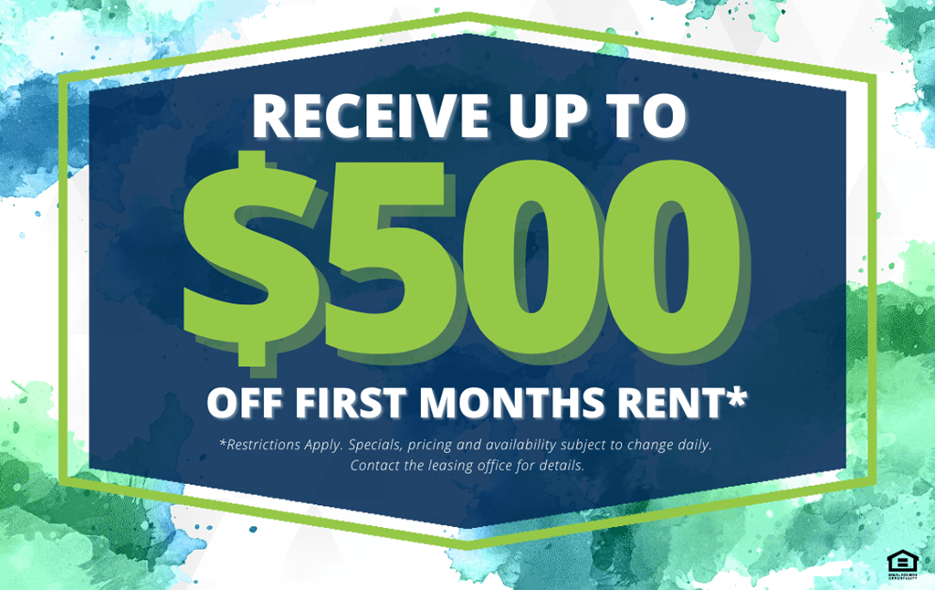 A promotional image offering up to $500 off the first month's rent.