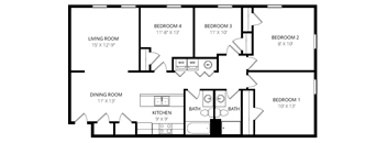 A black and white image of a house floor plan with a living room, dining room, kitchen, and four bedrooms.