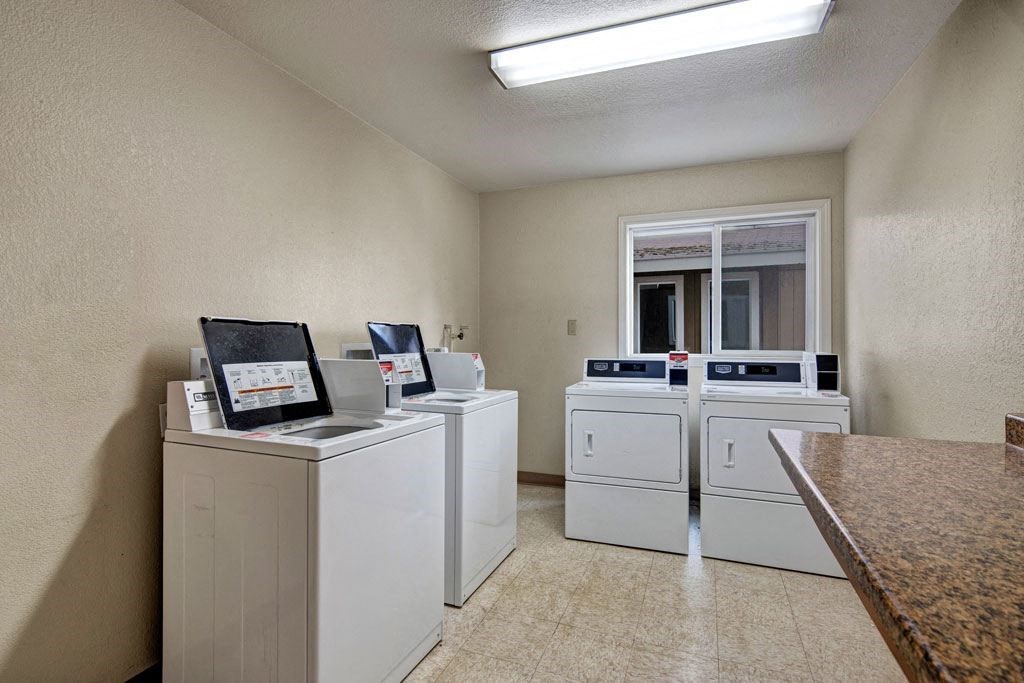 A clean, brightly-lit laundry room here at Greenbriar Apartments with four white washing machines and dryers lined against cream-colored walls. A window reflects natural light.