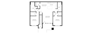 A black and white image of a floor plan for a house with a dining room, kitchen, living room, and two bedrooms.