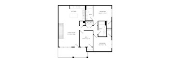 A floor plan of a house with a living room, kitchen, and three bedrooms.