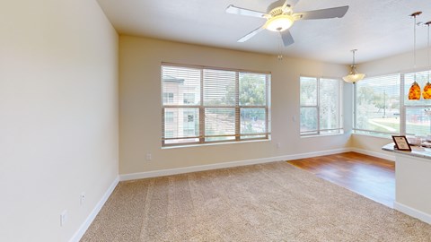 A room with a fan, carpet, and windows.