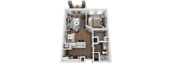 A 3D floor plan of a small apartment with a living room, kitchen, and bathroom.