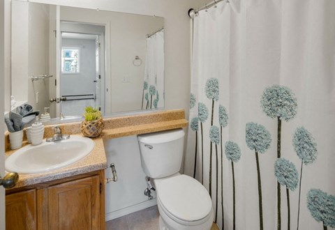 Small bathroom here at La Maisonnette Apartments with wooden vanity and beige countertop. White sink with silver faucet. Shower curtain has blue floral design. Bright and tidy atmosphere.