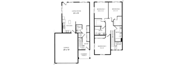 A floor plan of a house with a living room, kitchen, bathrooms, and three bedrooms.