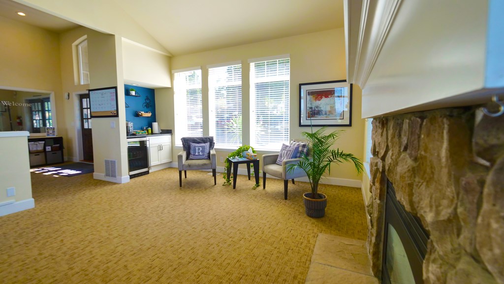 A living room with a couch, chair, and potted plant.