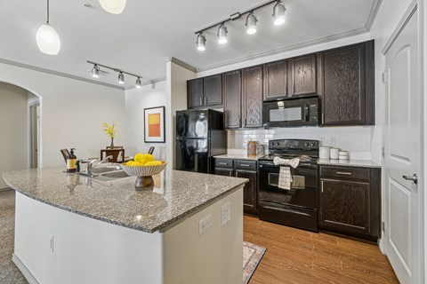 A kitchen with a granite countertop and black appliances.