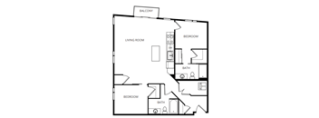 A black and white image of a house floor plan with a balcony, living room, two bedrooms, and two bathrooms.