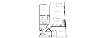 A black and white image of a house floor plan with a balcony, two bedrooms, a living room, a kitchen, and two bathrooms.
